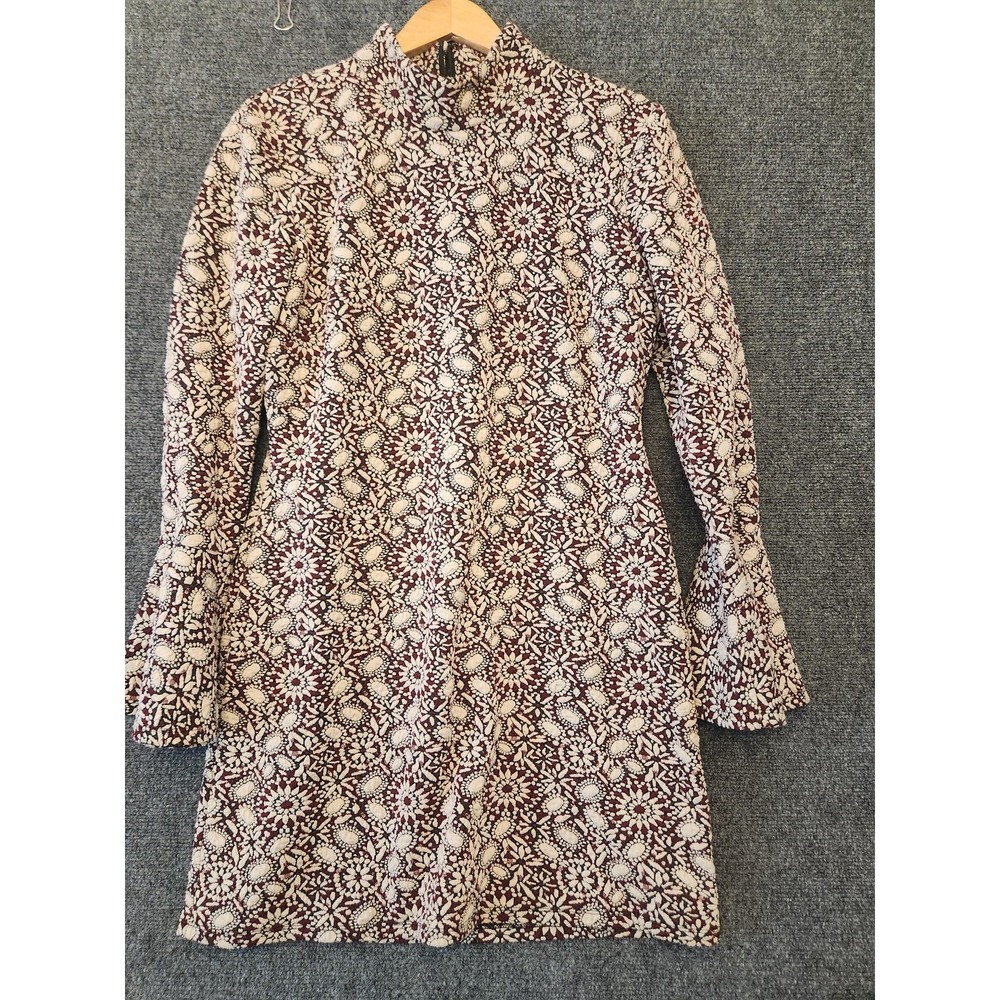 Slate & Willow Dress Womens XL Brown Floral Jacquard Mock Neck Bell Sleeve Shift